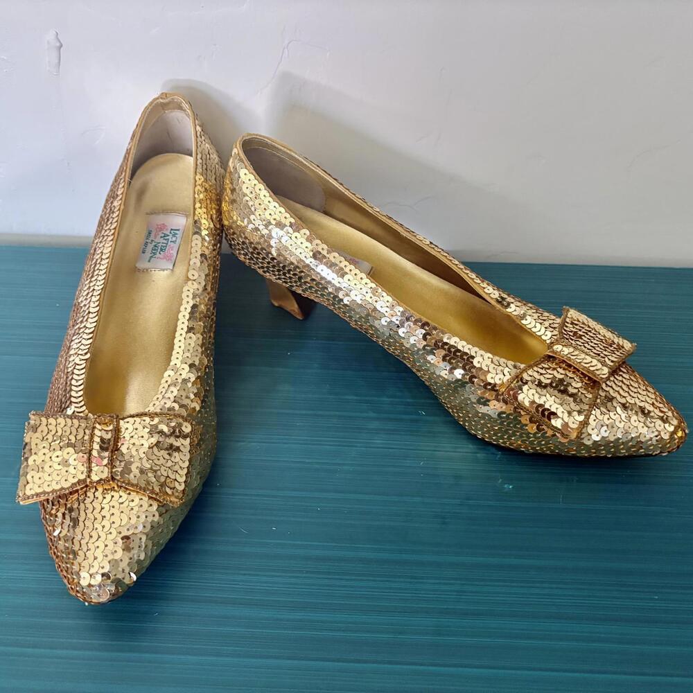 Vintage Lacy Afternoon Gold Sequined Shoes Kitten Heel Bow